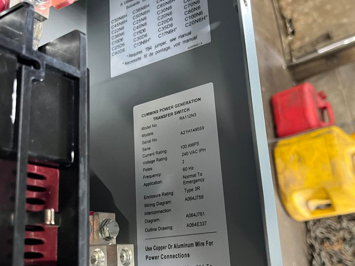 Cummins 100 Amp Transfer Switch, 240 volts, Year 2021, Unused Unit, NEMA 3R