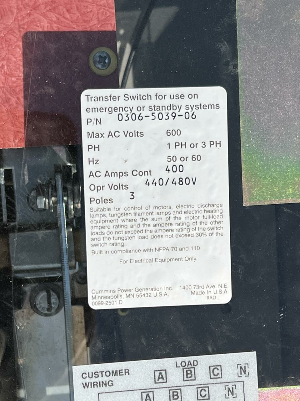 Cummins Automatic Transfer Switch, 400 Amps, Year 2010,  480 Volts, 3 Poles, Nema 1