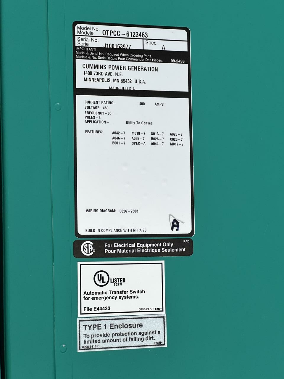 Cummins Automatic Transfer Switch, 400 Amps, Year 2010,  480 Volts, 3 Poles, Nema 1
