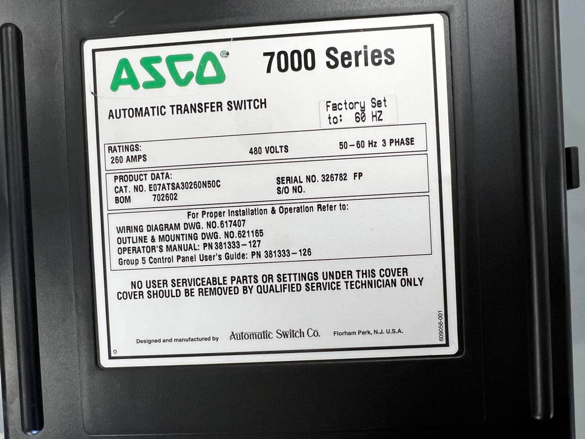 Asco 7000 Series Automatic Transfer Switch, 480 Volts, Nema 1