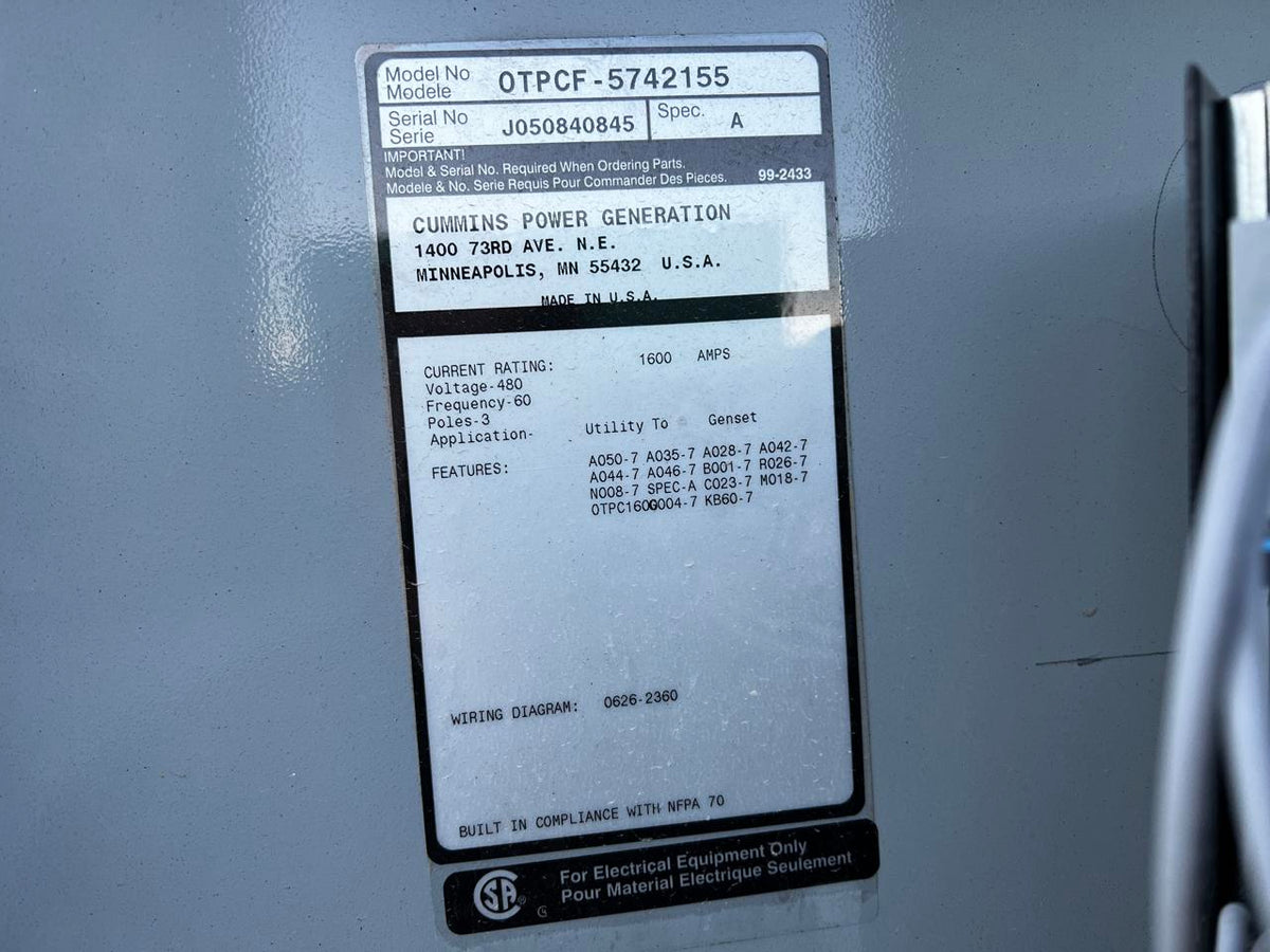Onan/Cummins Automatic Transfer Switch, 1600 Amps, with Nema 3 Enclosure (Roof Panel Missing)