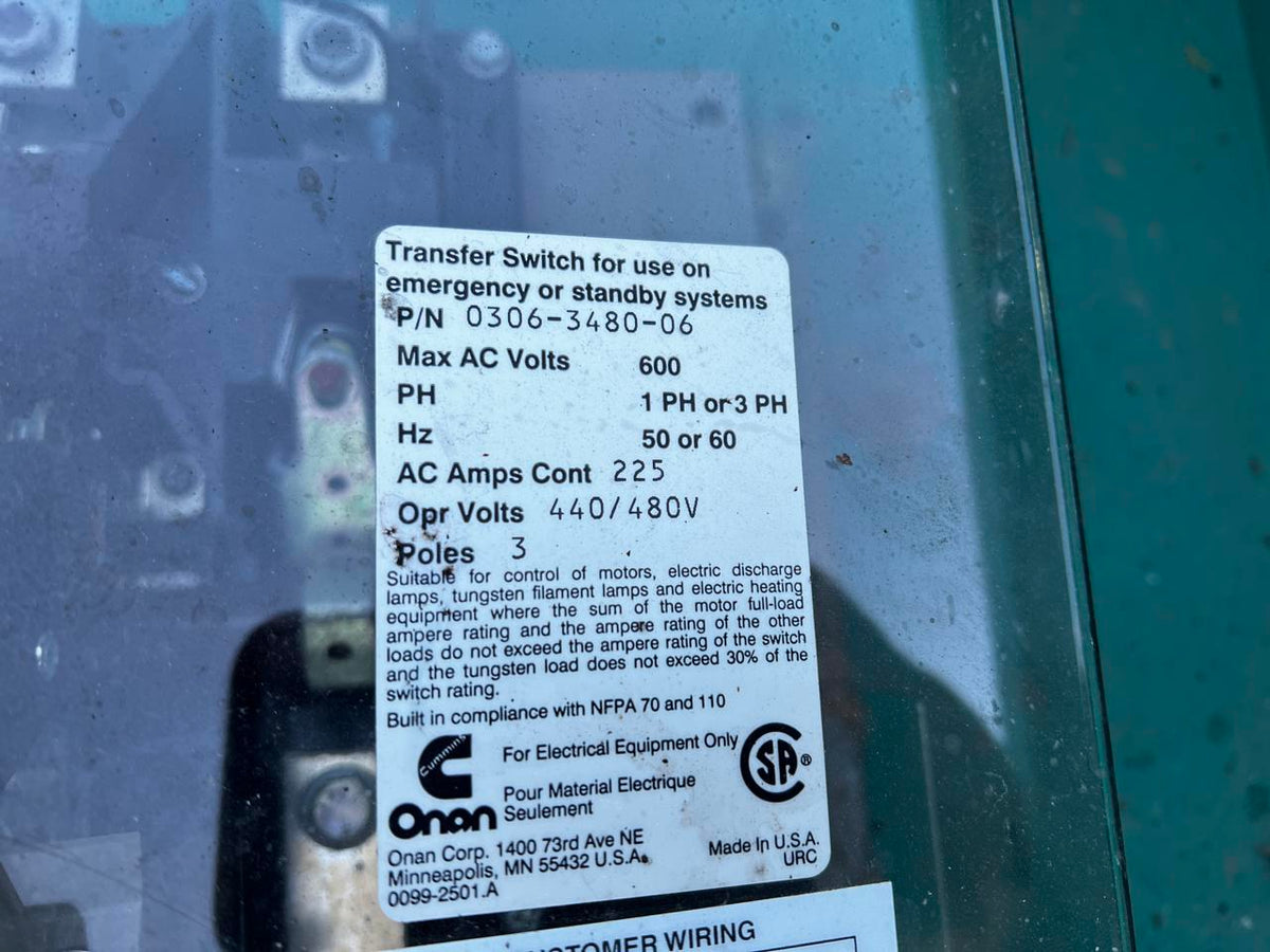 Onan Automatic Transfer Switch, 225 A, 480 V, Nema 3