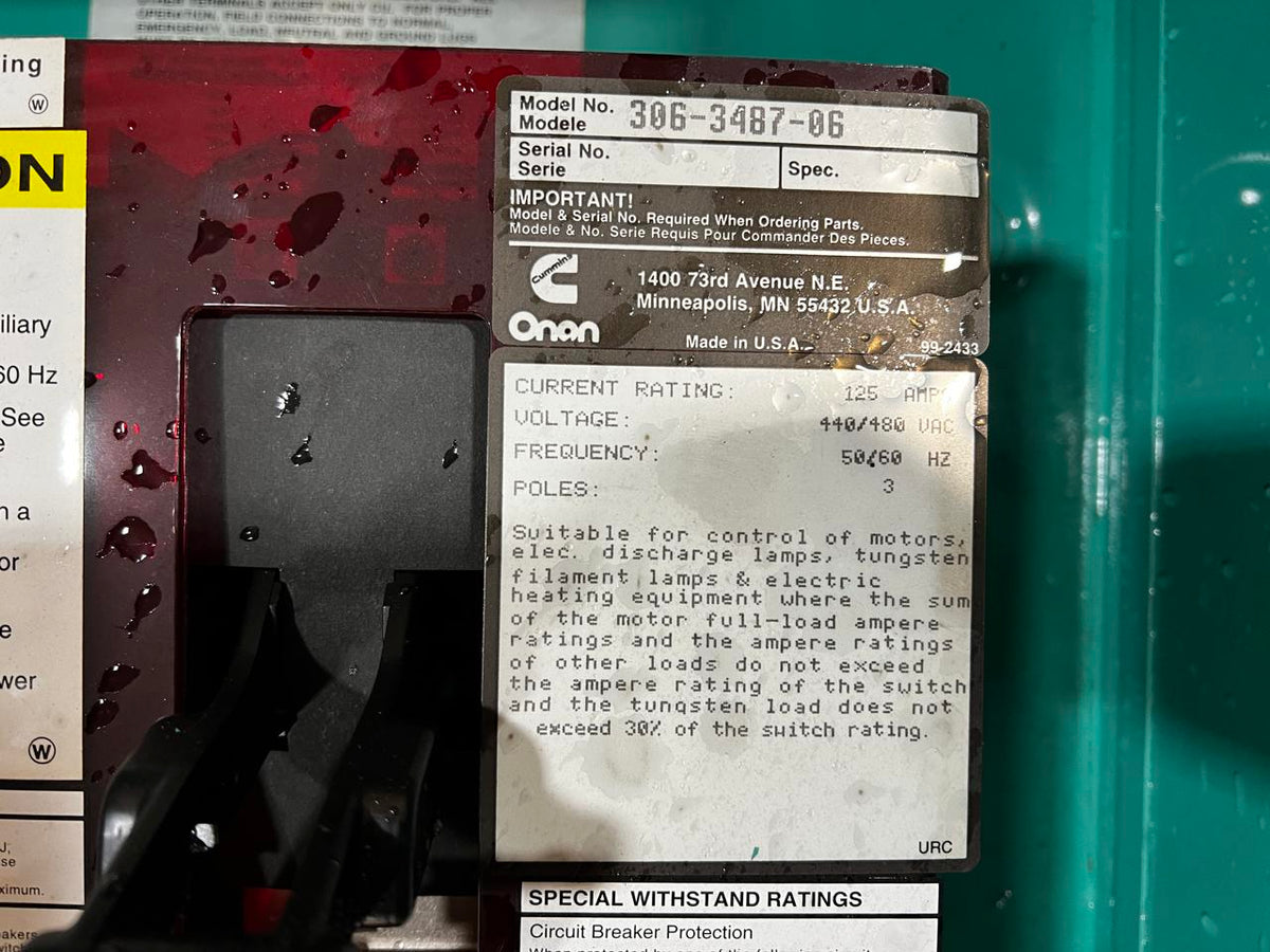 Cummins/Onan Automatic Transfer Switch, 125 Amp, Nema 1 Encl