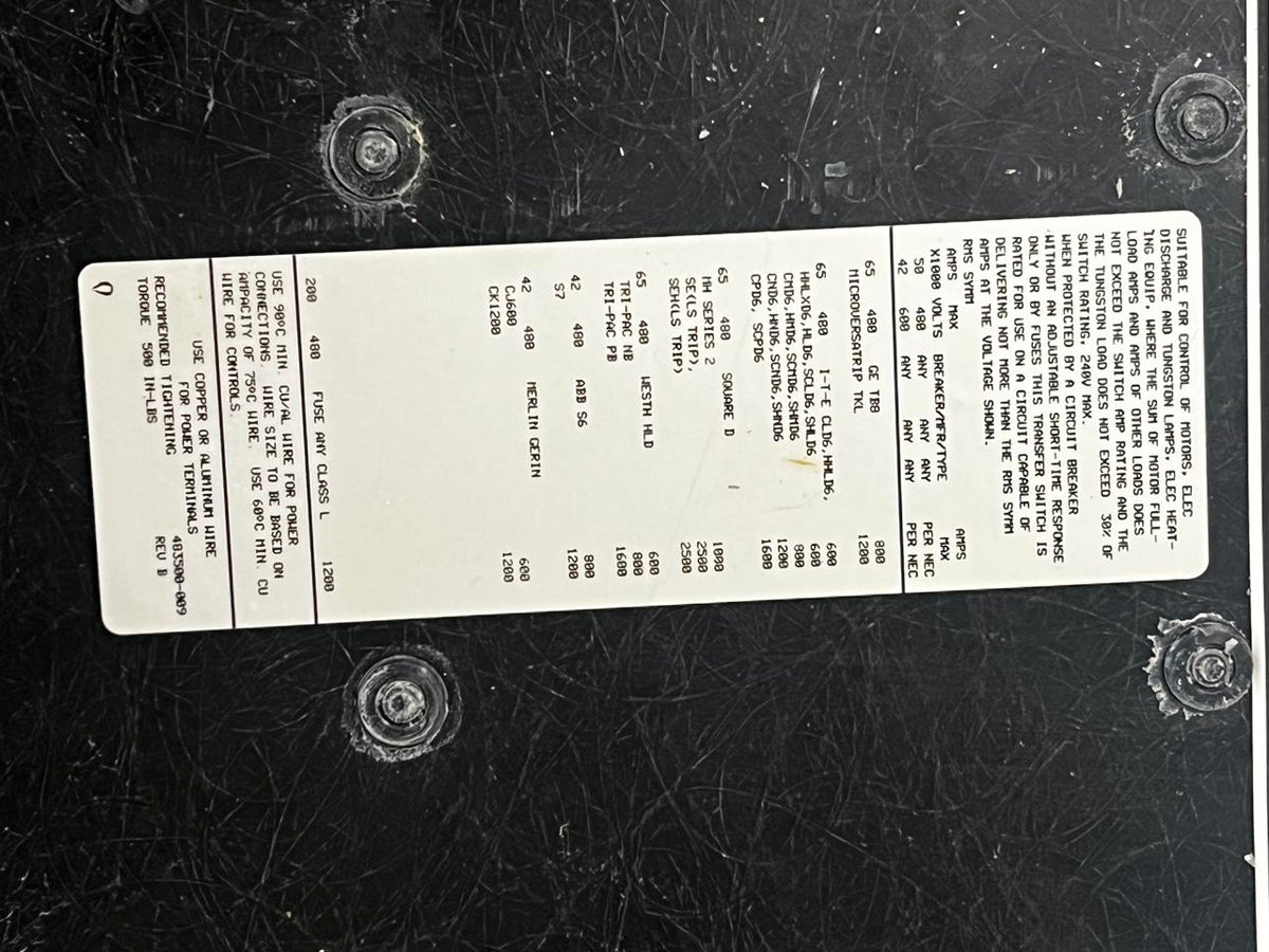 Asco 940 Series Automatic Transfer Switch, 800 Amp, Type 1 Enclosure, 480 Volt