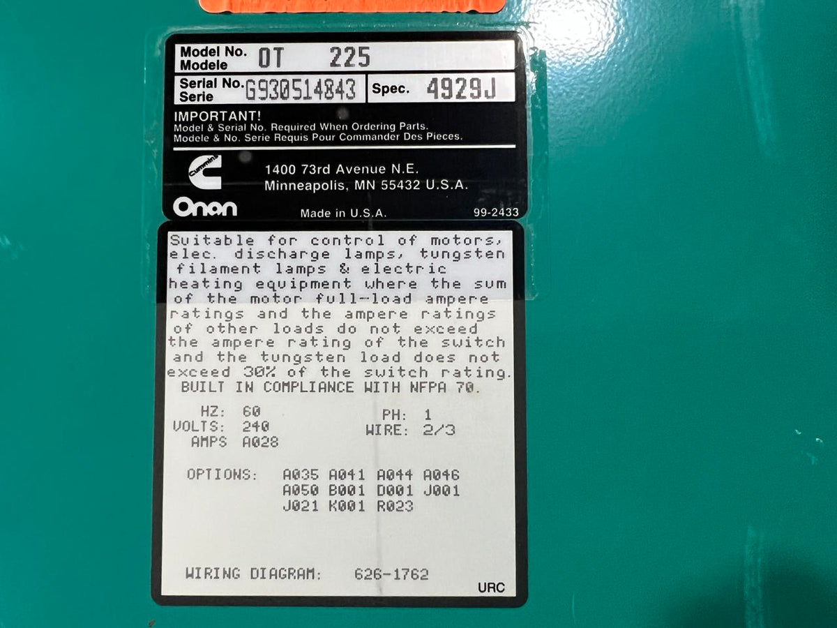 Cummins/Onan Automatic Transfer Switch, 1 Ph, 240 V, Nema 1