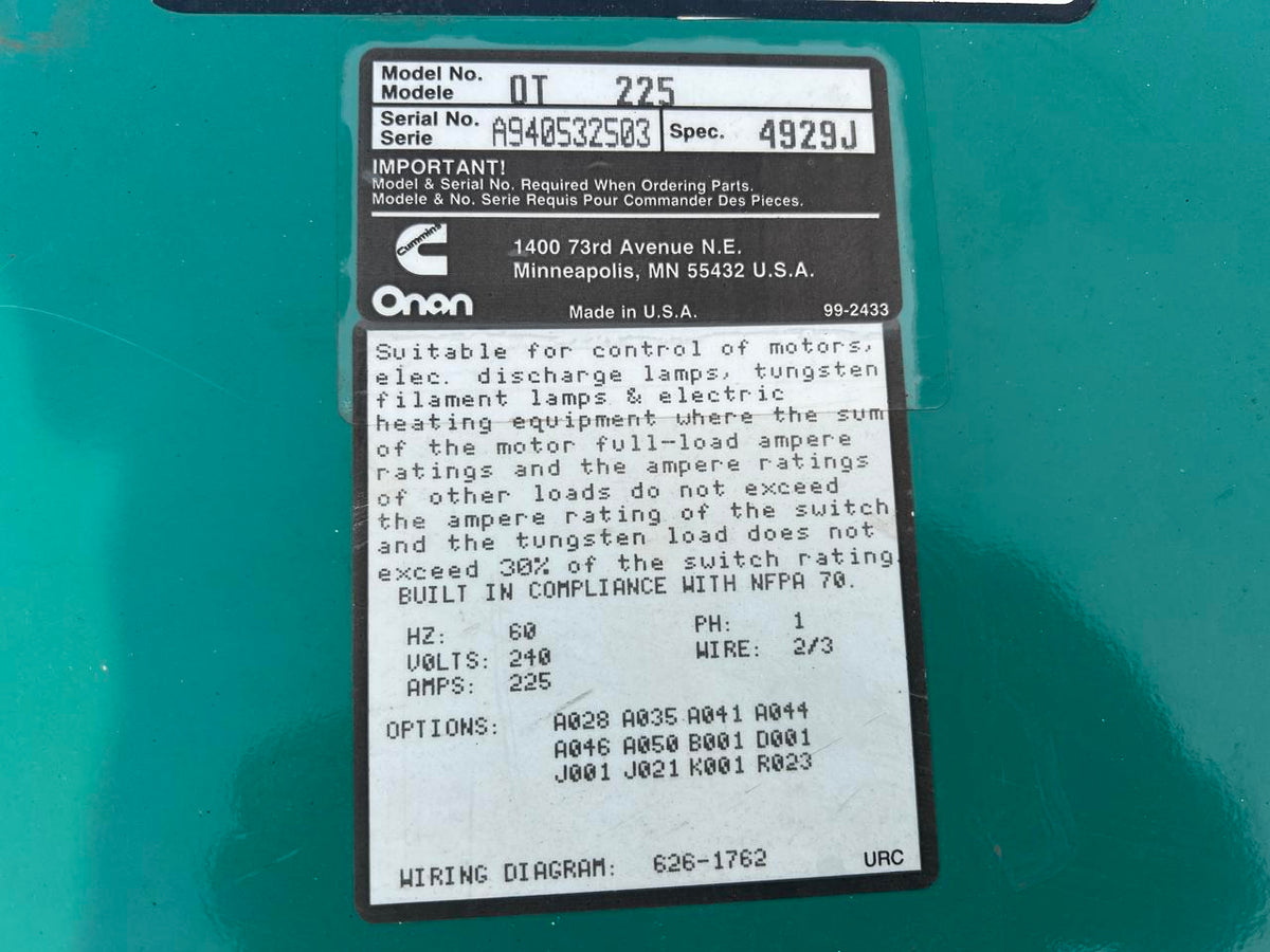 Cummins/Onan Automatic Transfer Switch, 225 A, 240 V, Nema 1