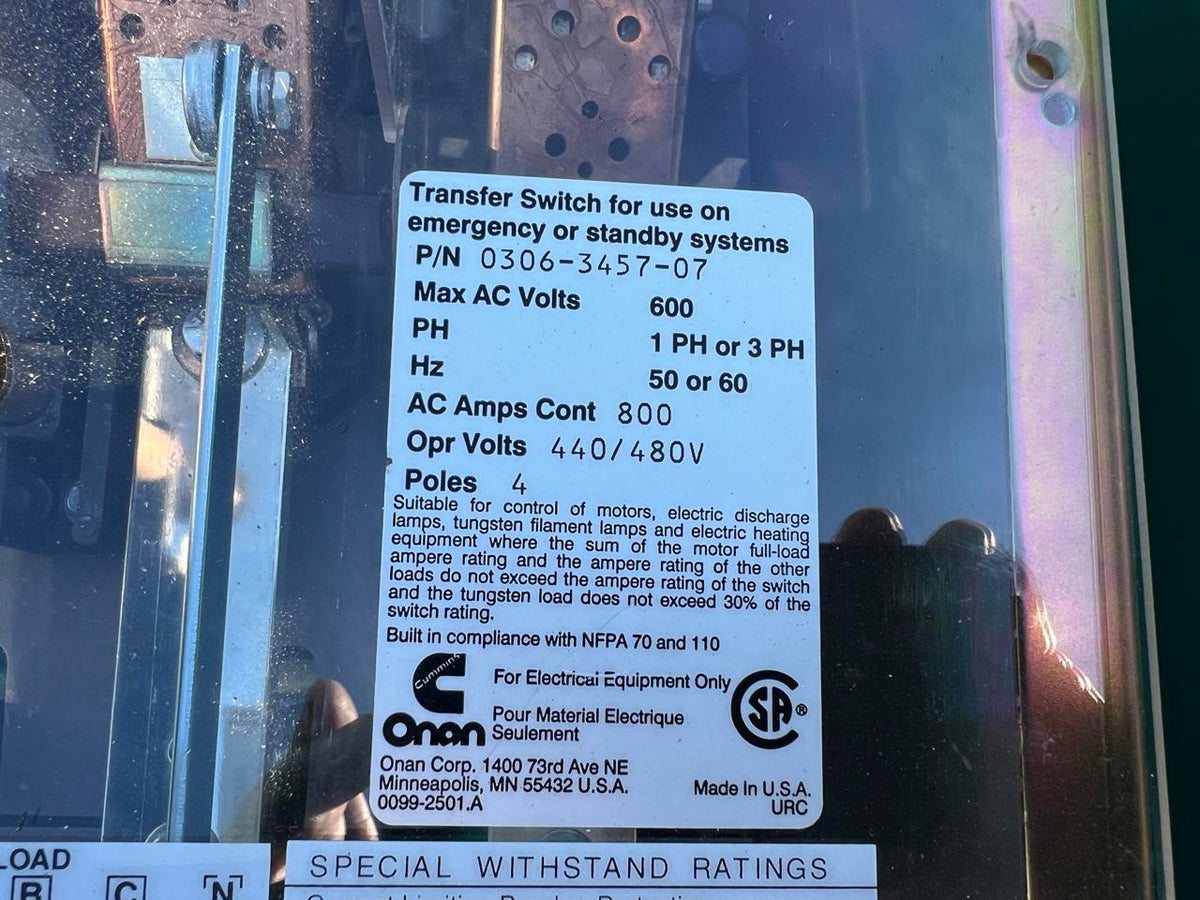 Onan/Cummins Automatic Transfer Switch, 800 A, Nema 1 Enclosure
