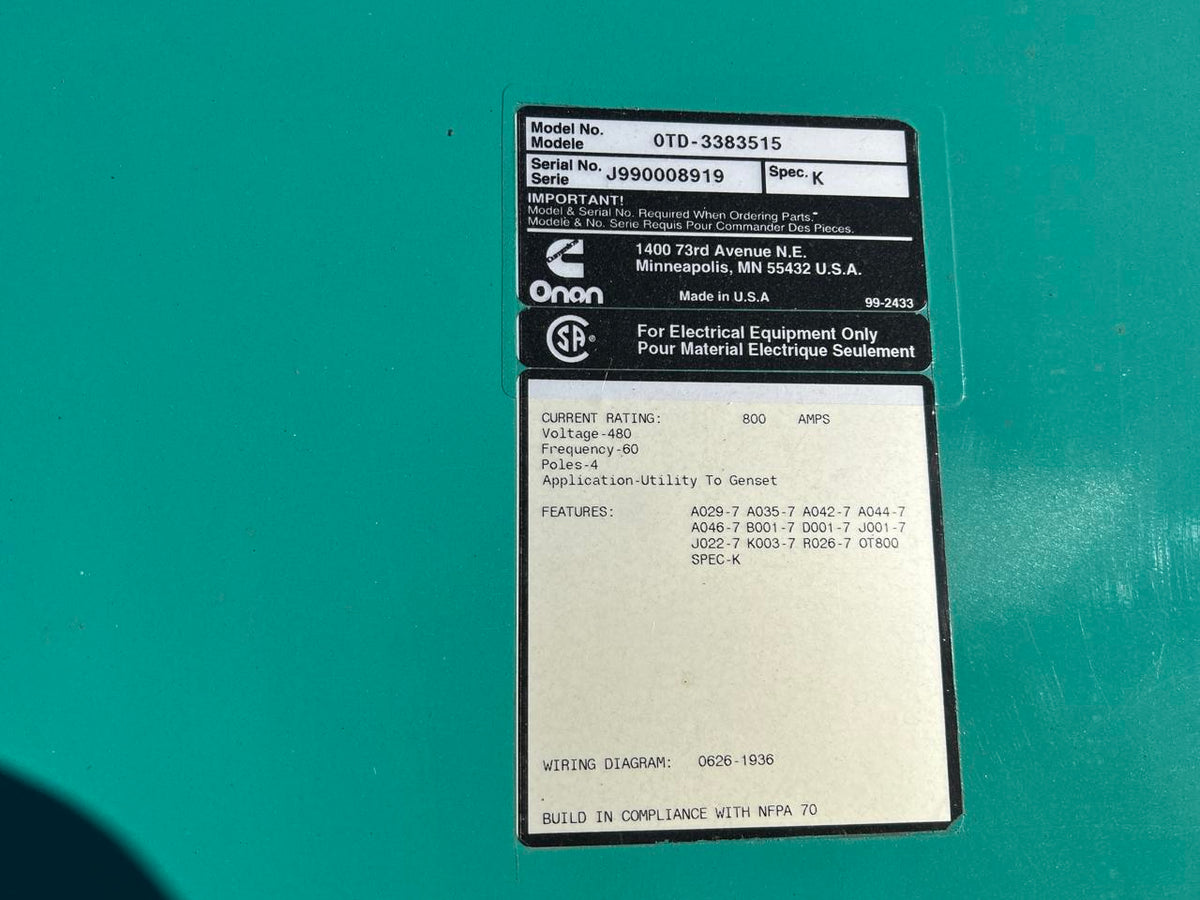 Onan/Cummins Automatic Transfer Switch, 800 A, Nema 1 Enclosure