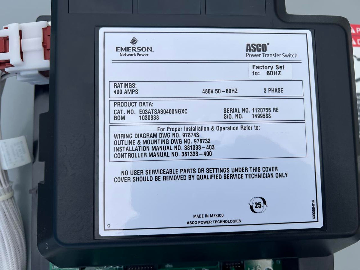 400 A, 480 Volts, Asco Automatic Transfer Switch, Nema 1 Enclosure