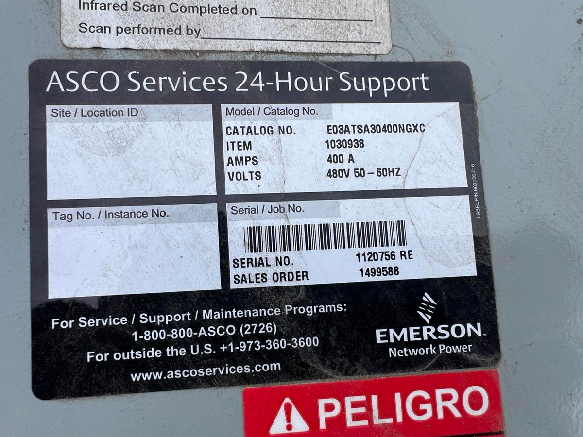 400 A, 480 Volts, Asco Automatic Transfer Switch, Nema 1 Enclosure