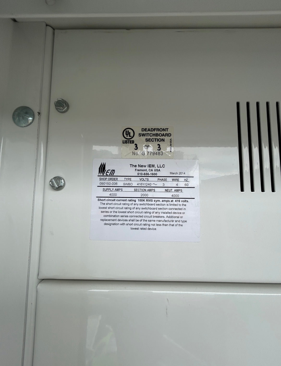 IEM 4000 Amp Main Switchboard 3-Section NEMA 3R Outdoor 416Y/240V 3PH 4W 2x ABB 2000A E2