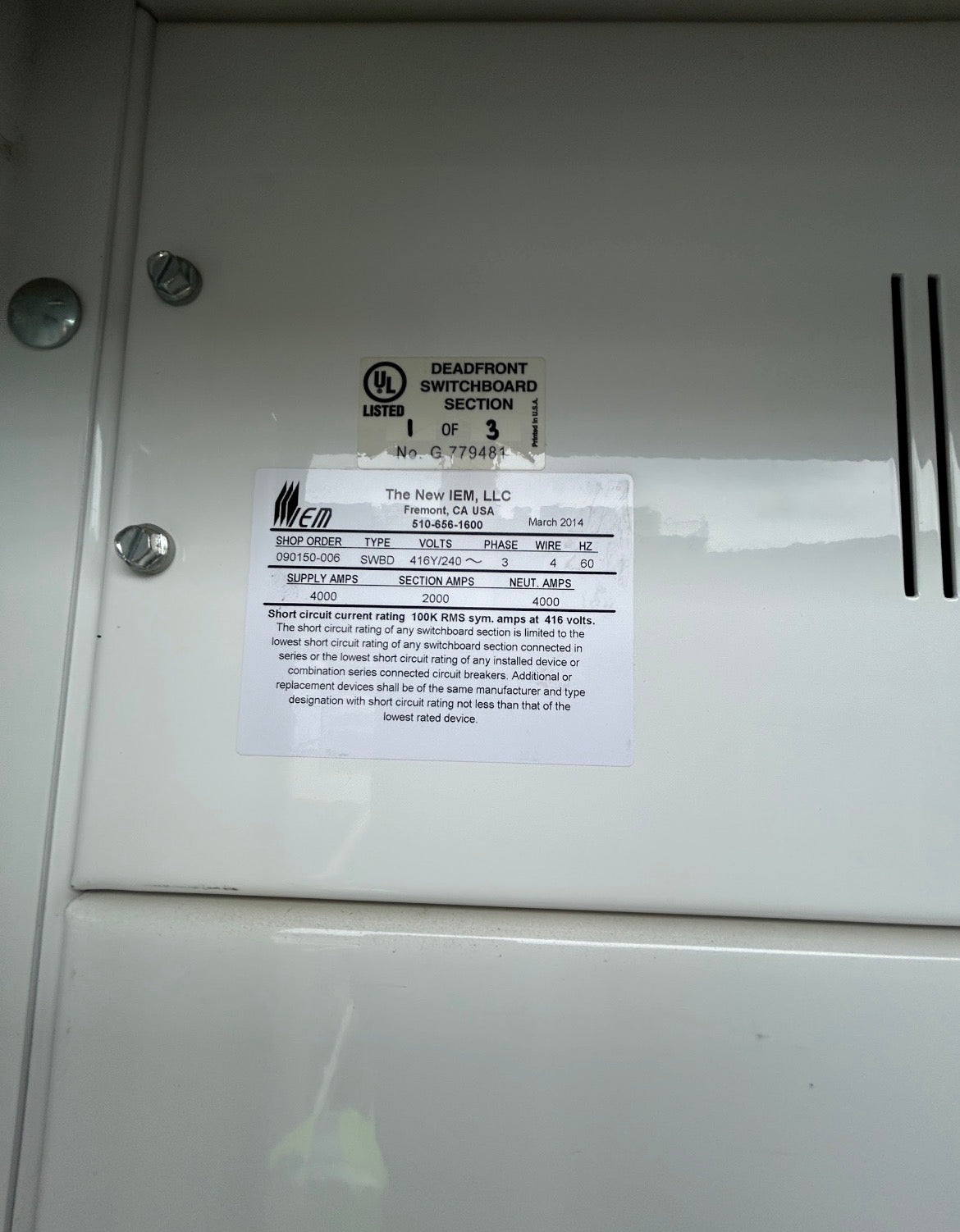 IEM 4000 Amp Main Switchboard 3-Section NEMA 3R Outdoor 416Y/240V 3PH 4W 2x ABB 2000A E2