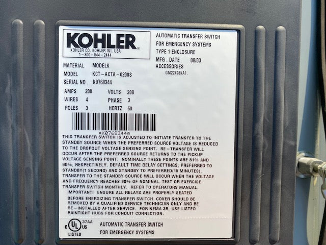 Good Used Kohler KCT-ACTA-022S 200 Amp Transfer Switch - DPC1241