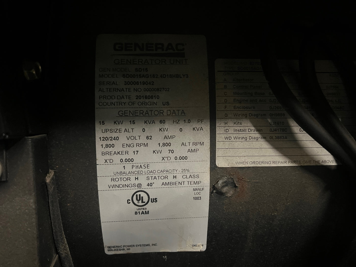 15KW Generac Industrial Generator 1PH Diesel Cummins 2400 Engine 100 Hrs 2016 TESTED