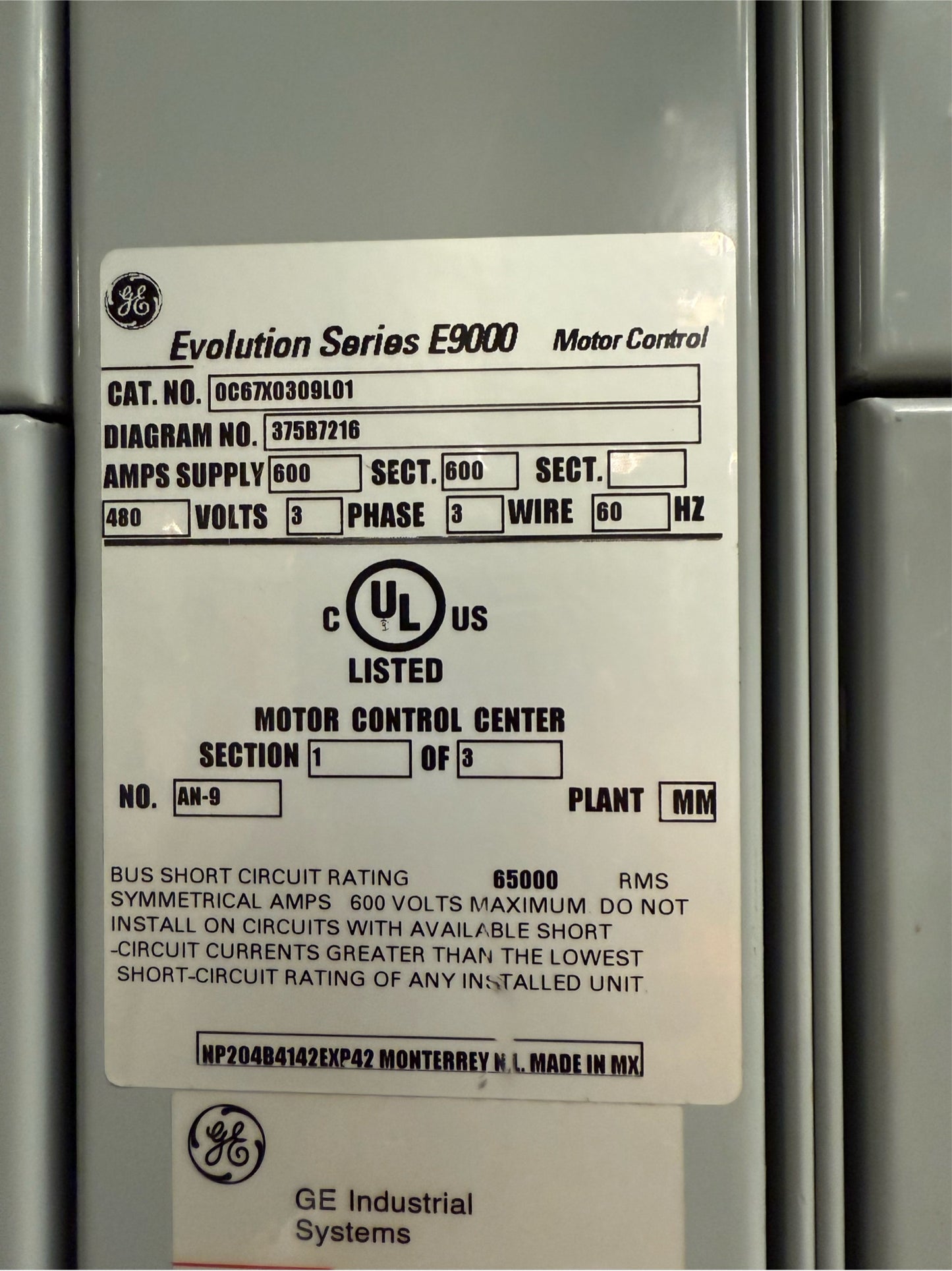 GE Evolution Series E9000 Motor Control 600A 480V 3 section 12 Buckets