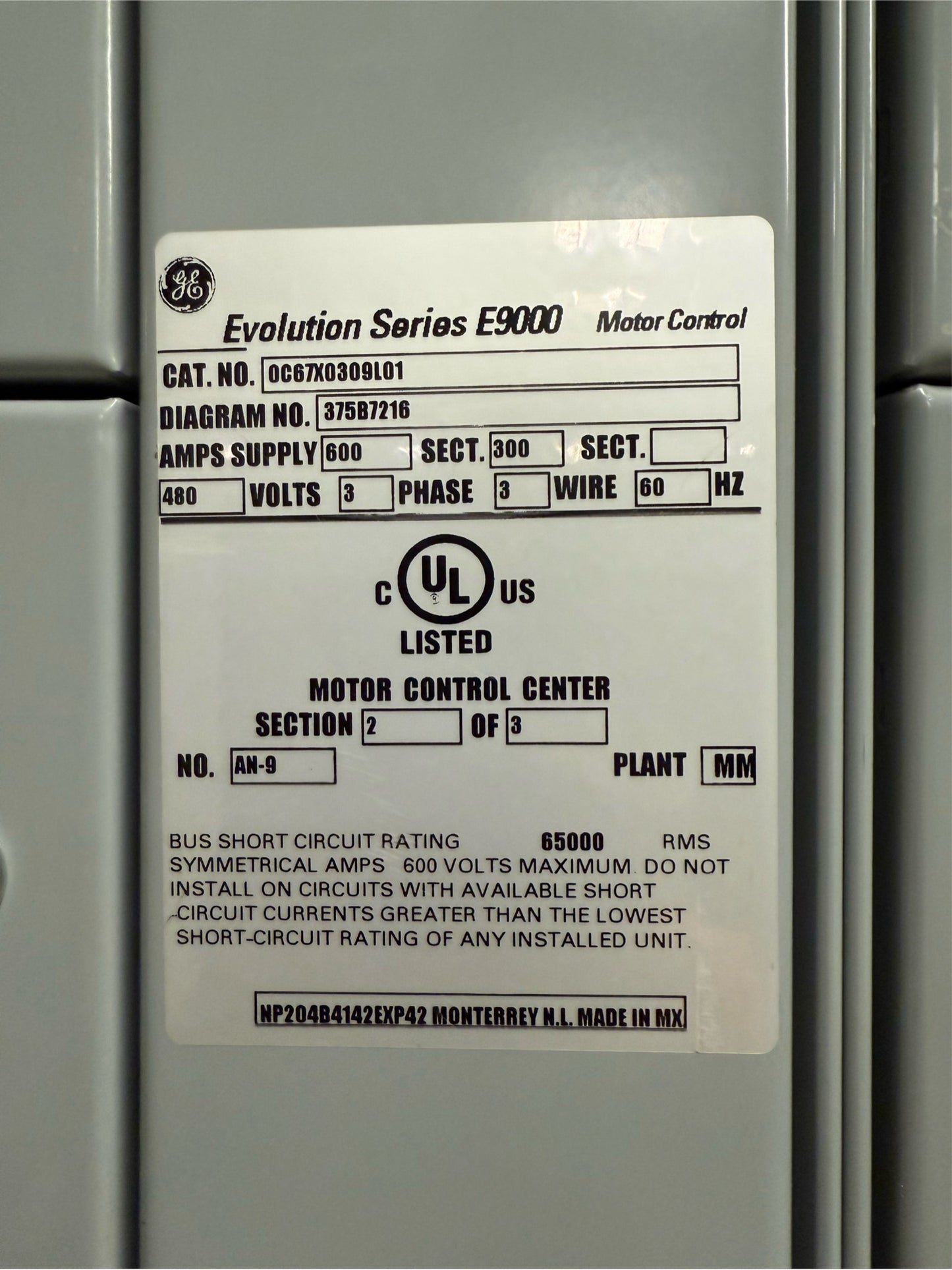 GE Evolution Series E9000 Motor Control 600A 480V 3 section 12 Buckets