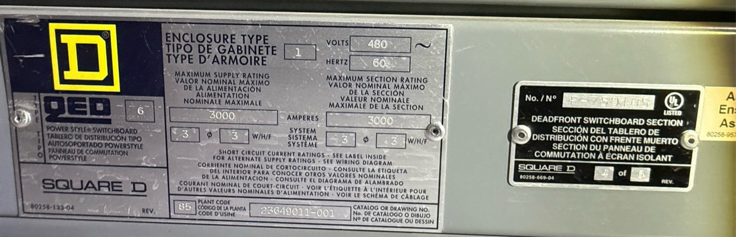 3000A Square D QED  6 Section Switchgear 480Y/277 6 Breaker & System Control Cabinet SCC