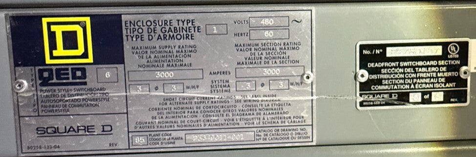 3000A Square D QED  6 Section Switchgear 480Y/277 6 Breaker & System Control Cabinet SCC