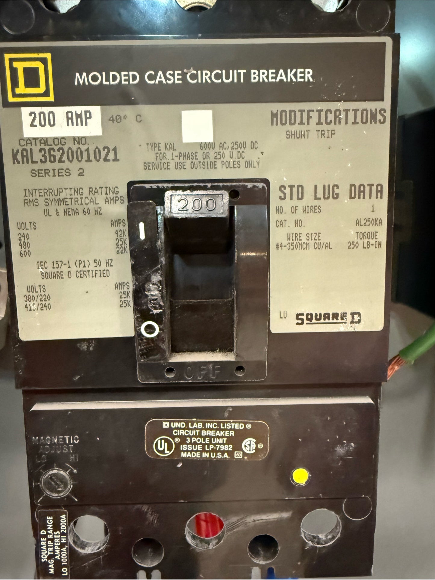 200A Square D Circuit Breaker 600 VAC KAL36200 in Enclosure (SKU: 110271)