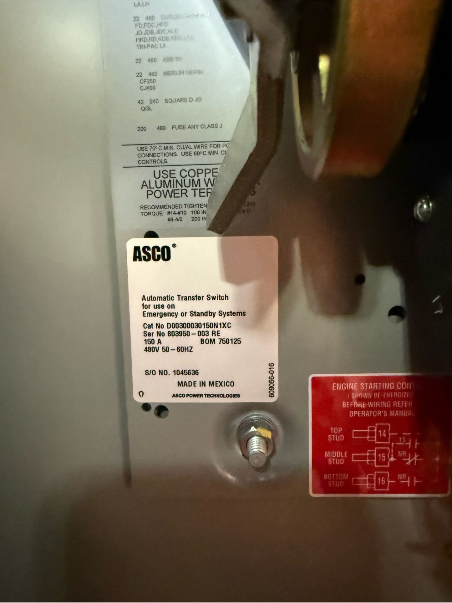 ASCO D00300030150N1XC 150A ATS Automatic Transfer Switch 480V (SKU: 110071)