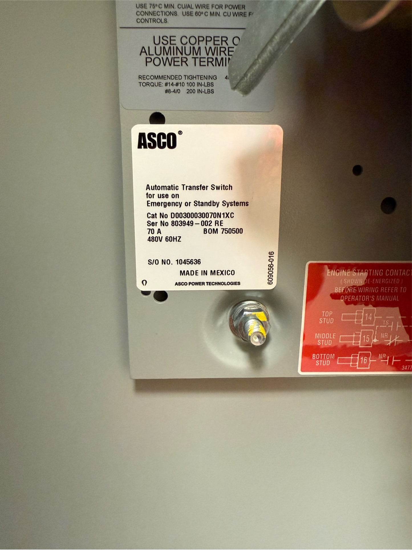 ASCO D00300030070N1XC 70A ATS Automatic Transfer Switch 480V (SKU: 110293)
