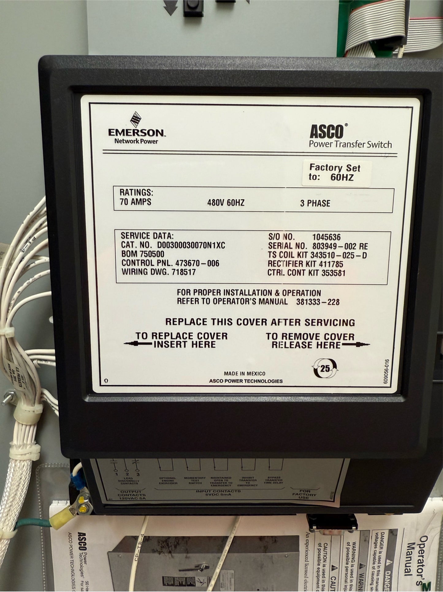 ASCO D00300030070N1XC 70A ATS Automatic Transfer Switch 480V (SKU: 110293)