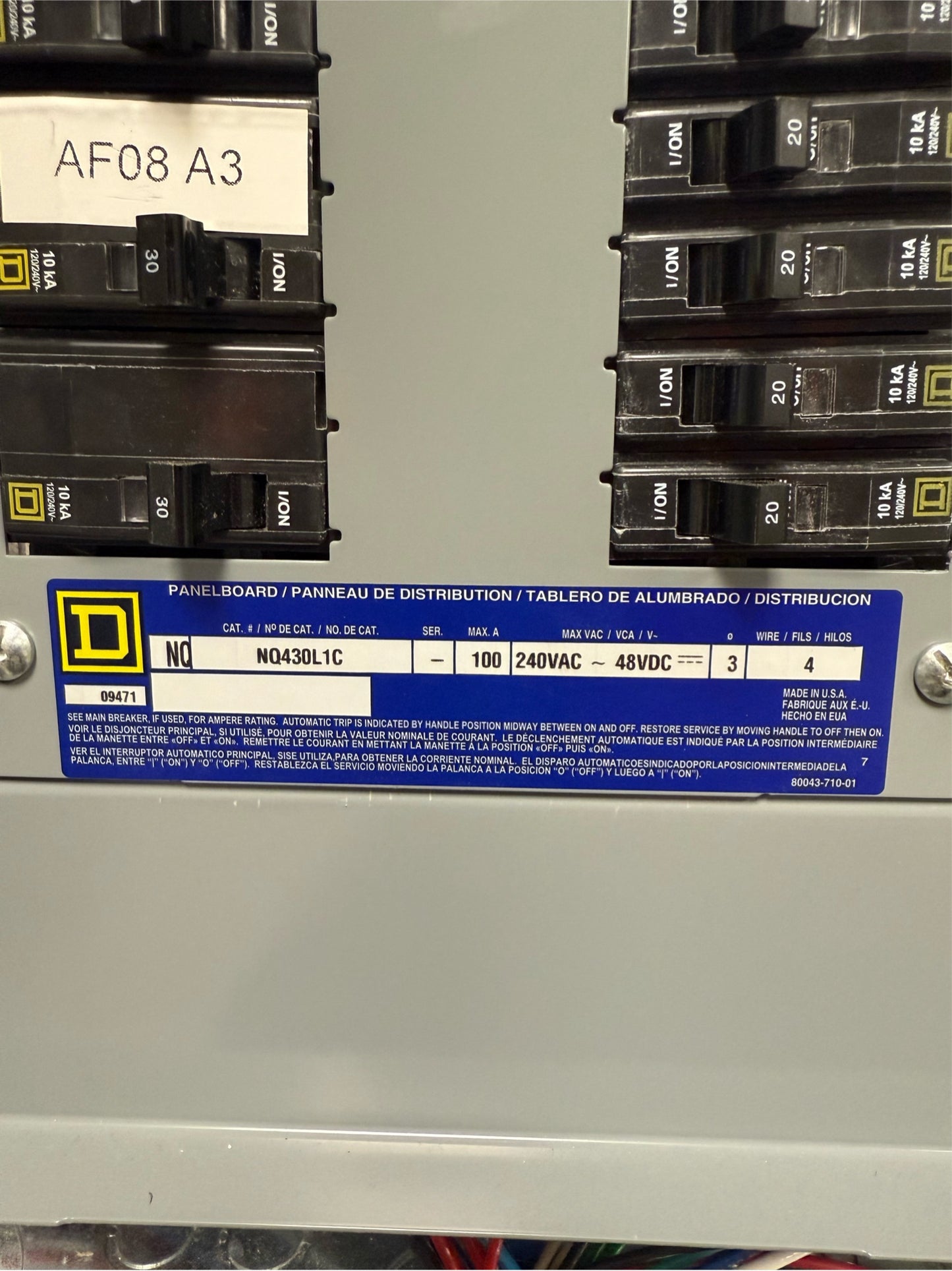 Square D NQ430L1C 21 Breakers Panelboard 100A 240V NQ Panelboard with Main (SKU: 110331)