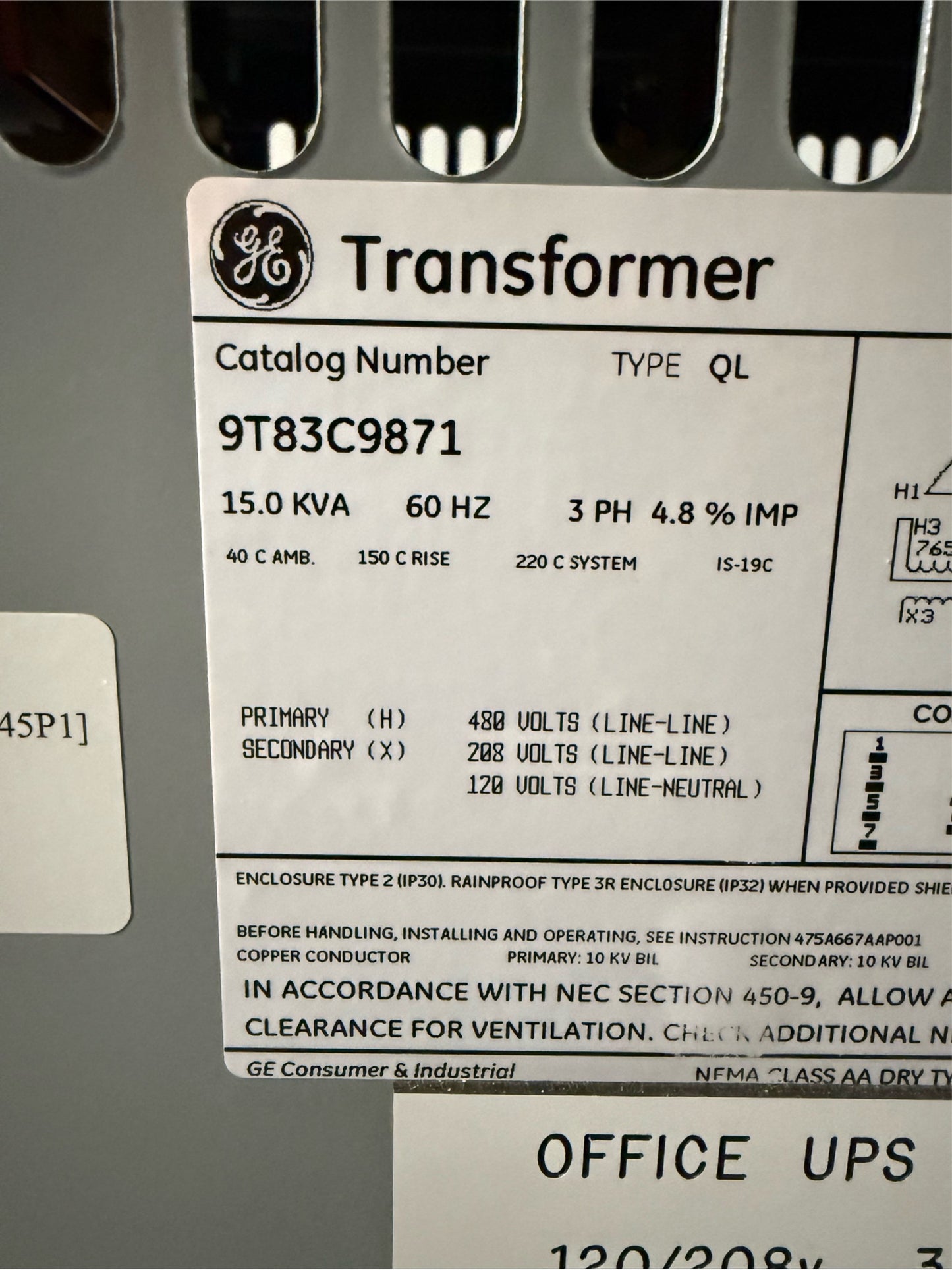15KVA GE Dry Type Transformer 9T83C9871 3PH 480v x 208/120v