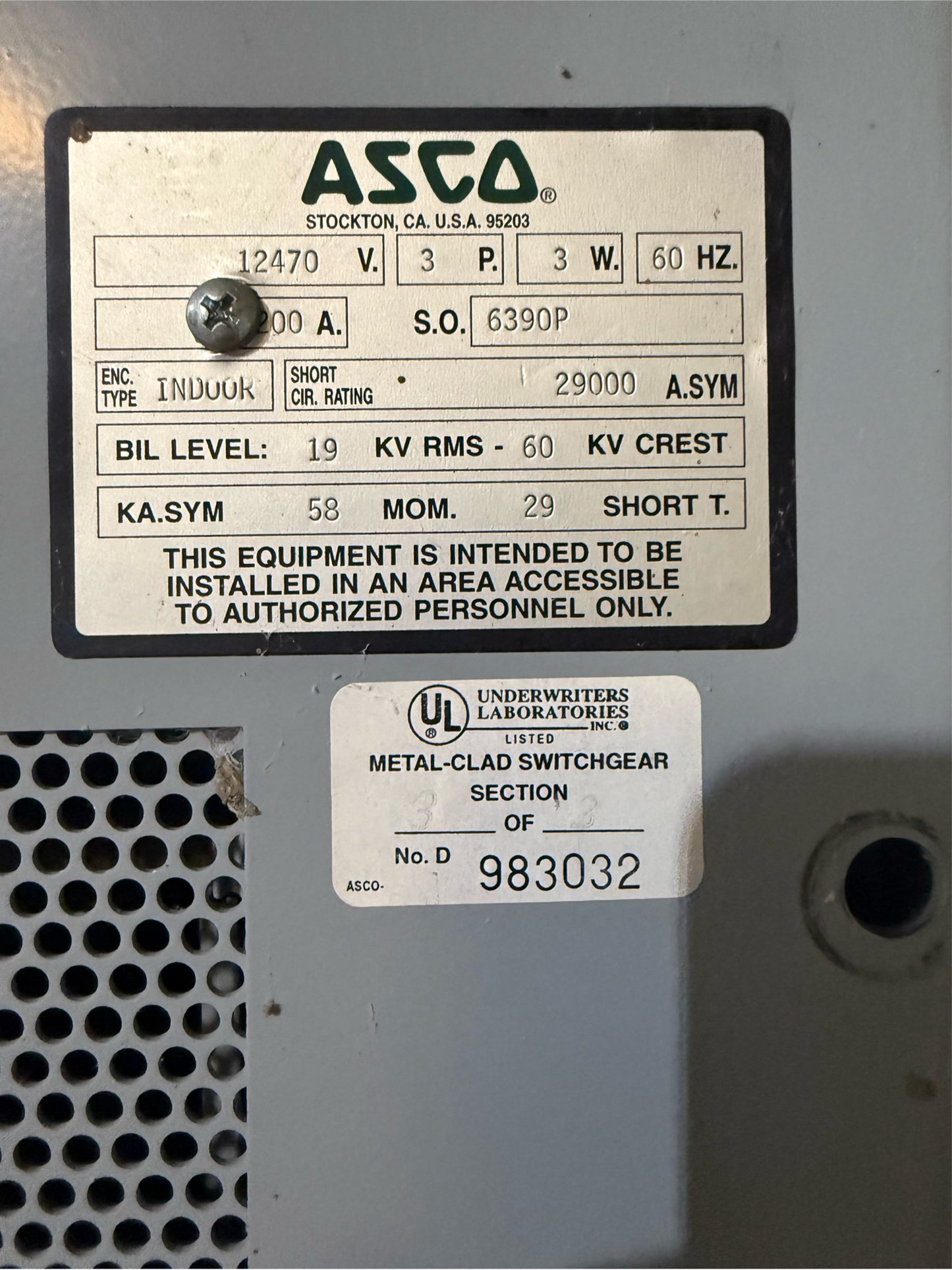 1200A 12470V ASCO 6390P110358 3 Sect GE PowerVac 15KV Switchgear (SKU: 110358)