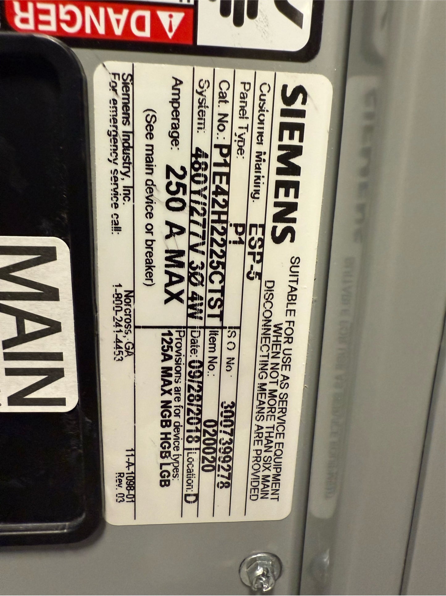 Siemens 250A LGB Panelboard '18 32 Breakers & Main 480/277V P1E42H2225CTST (SKU: 110385)