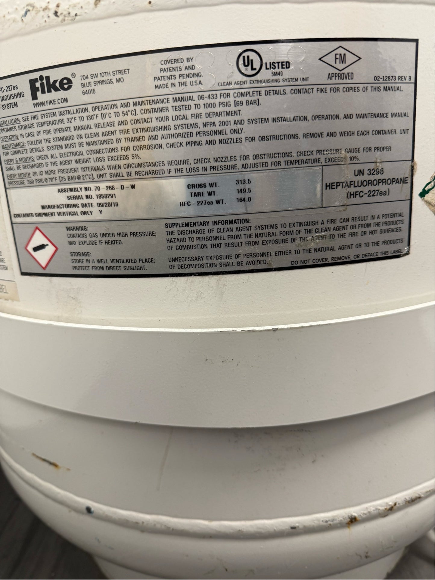 Fike 227ea FM200 Cylinder 164 lbs of agent W? Control Panel (SKU: 110390)