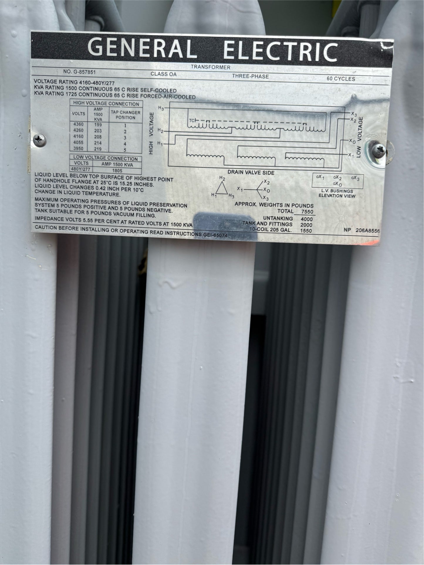 1500KVA GE Substation & Transformer 3PH 4160v 480Y/277 No. G-857851