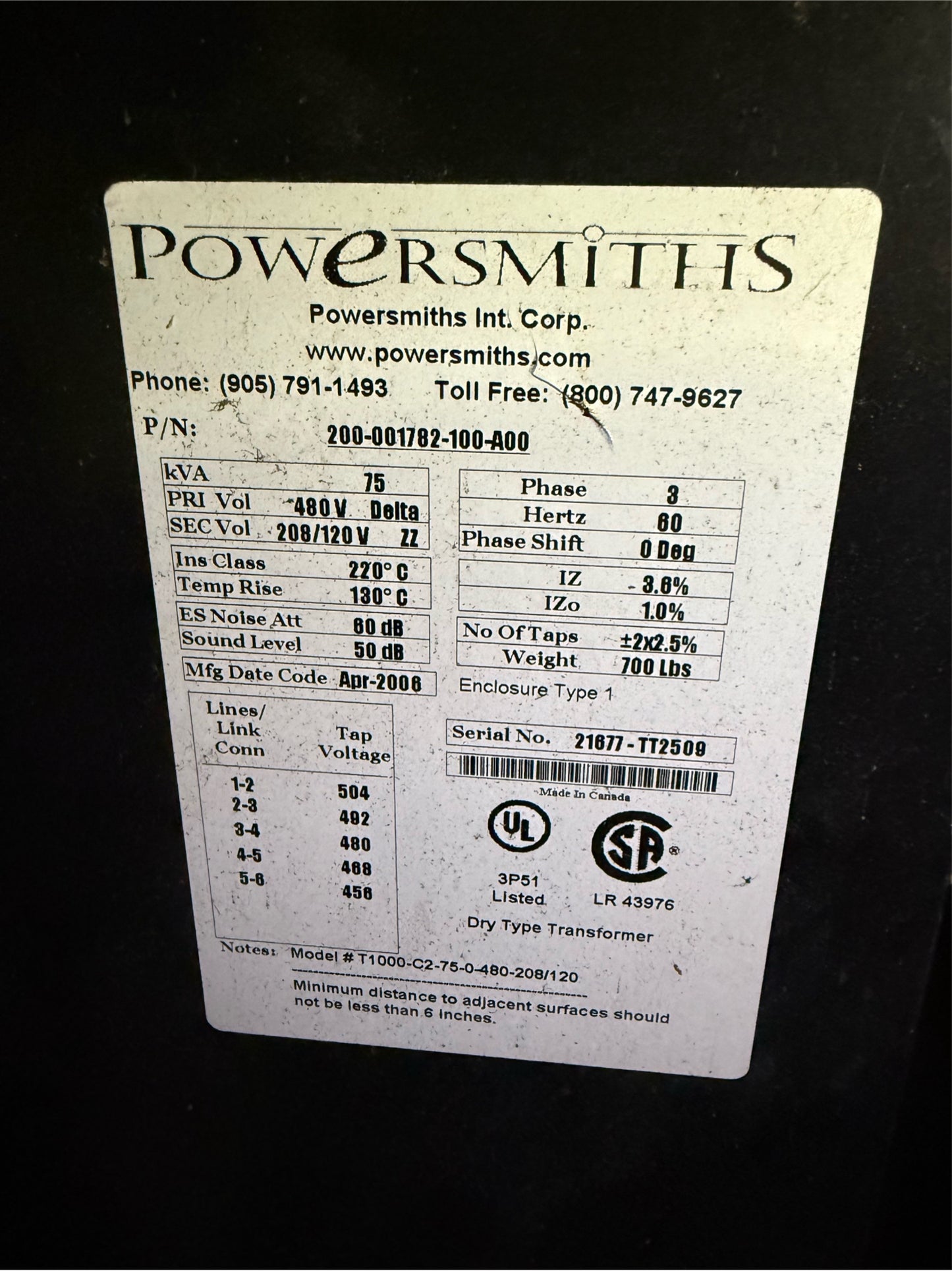 75KVA Powersmiths Transformer 21677 - TT2509 3PH 480v 208/120