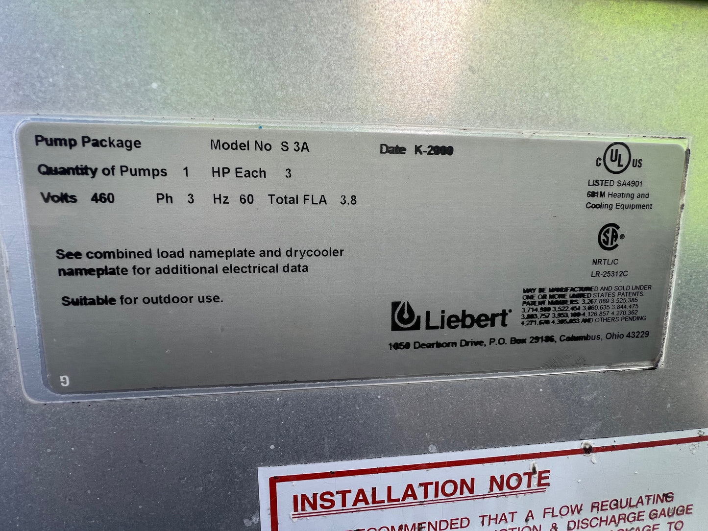 Liebert S3A Single Pump Packages Drycooler 3PH (101249)(101249)