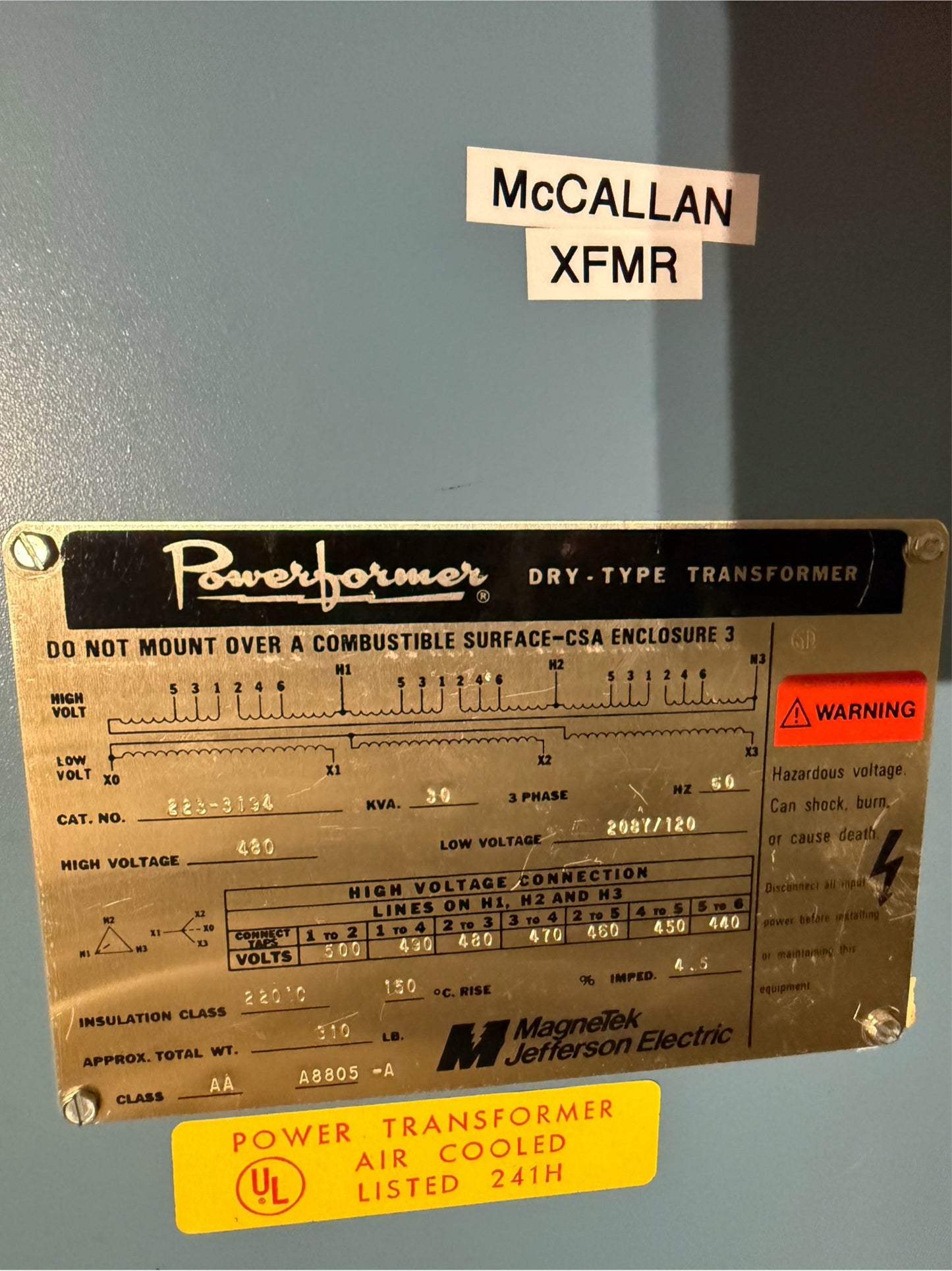30KVA Powerformer Transformer 223-3194 3ph 480V x 208Y/120V (SKU: 110474)