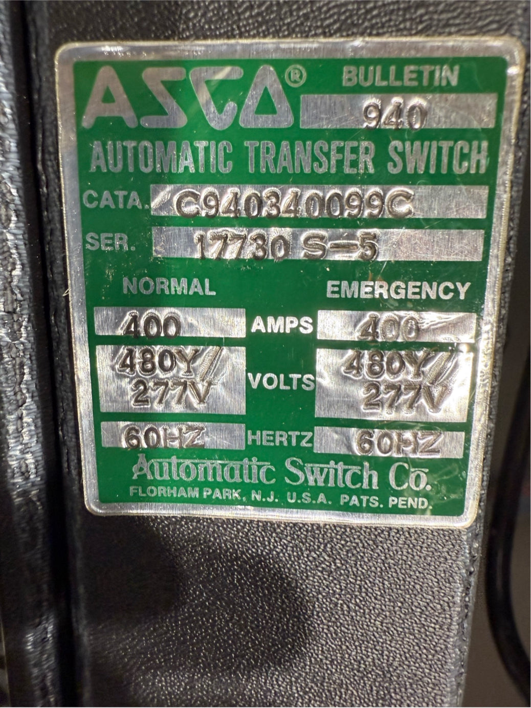 ASCO Bulletin 940 ATS 400A 480Y/277V Automatic Transfer Switch C940340099C