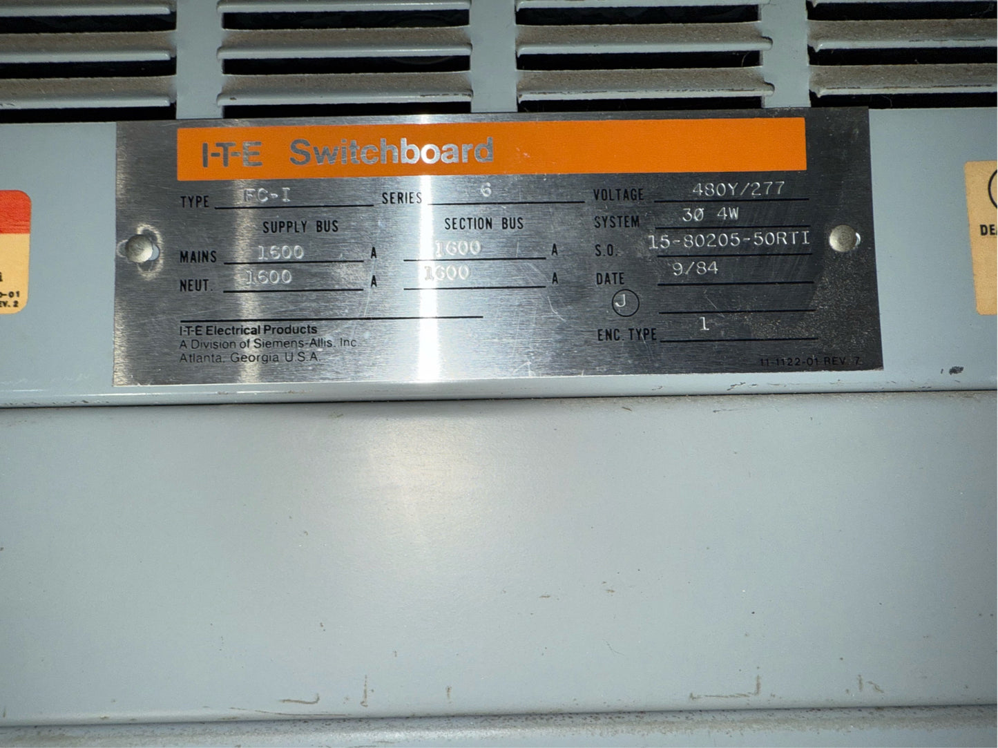ITE Switchboard 1600A 2 sections 480Y/277 1 main / 6 Switches (SKU: 110478)