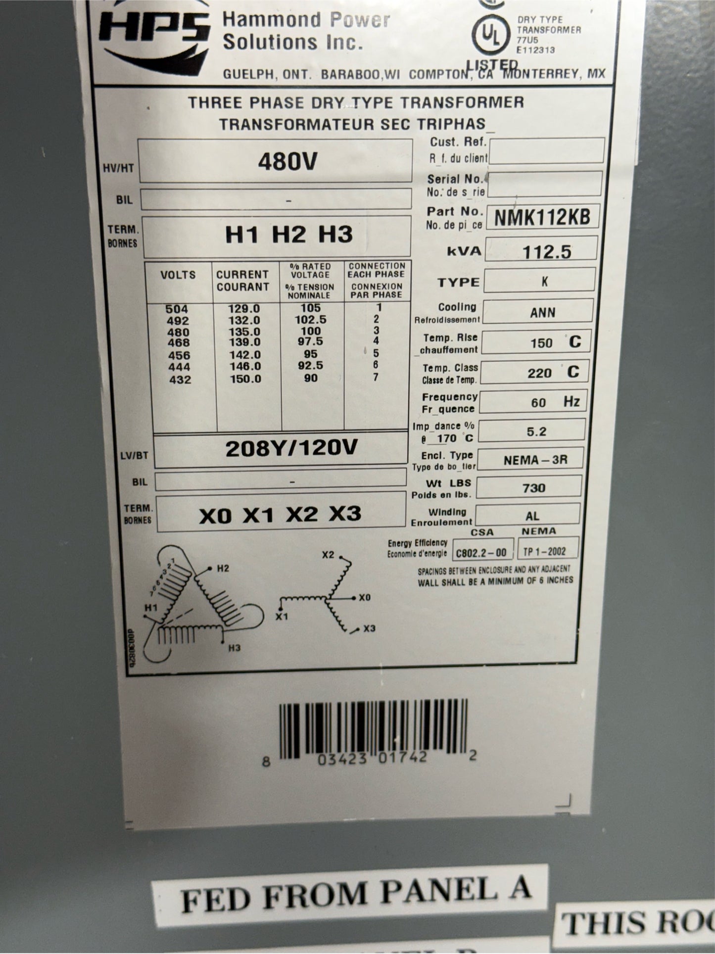 30KVA Hammond Dry Type Transformer 3PH 480V x 208Y/120V NMK030KB (SKU: 110481)