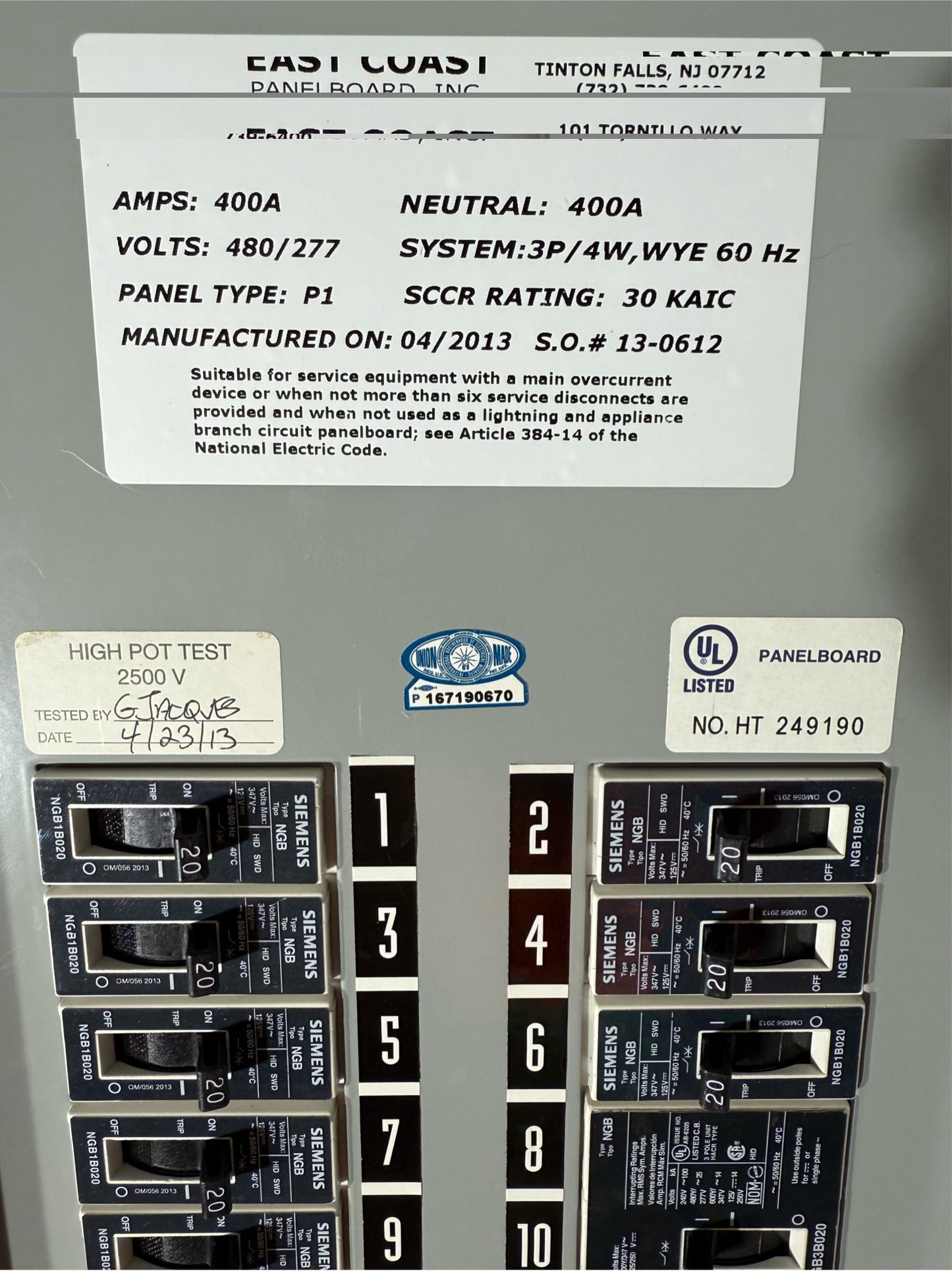 Siemens NGB Panelboard 400A 480/277 10 Breakers 1 Main 200A Main(SKU: 110484)