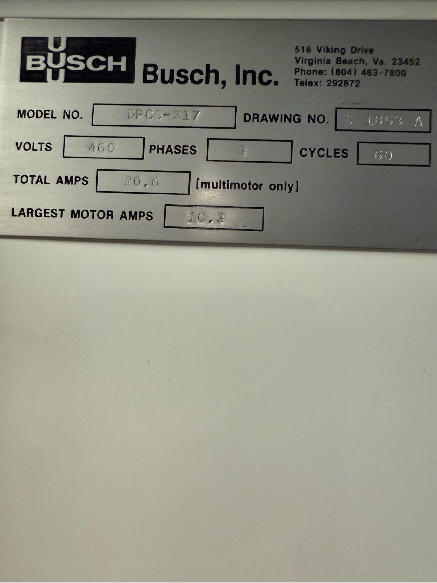 Busch Vacuum Pump DBCD-317 20.6A 3PH  460V (SKU: 110515)