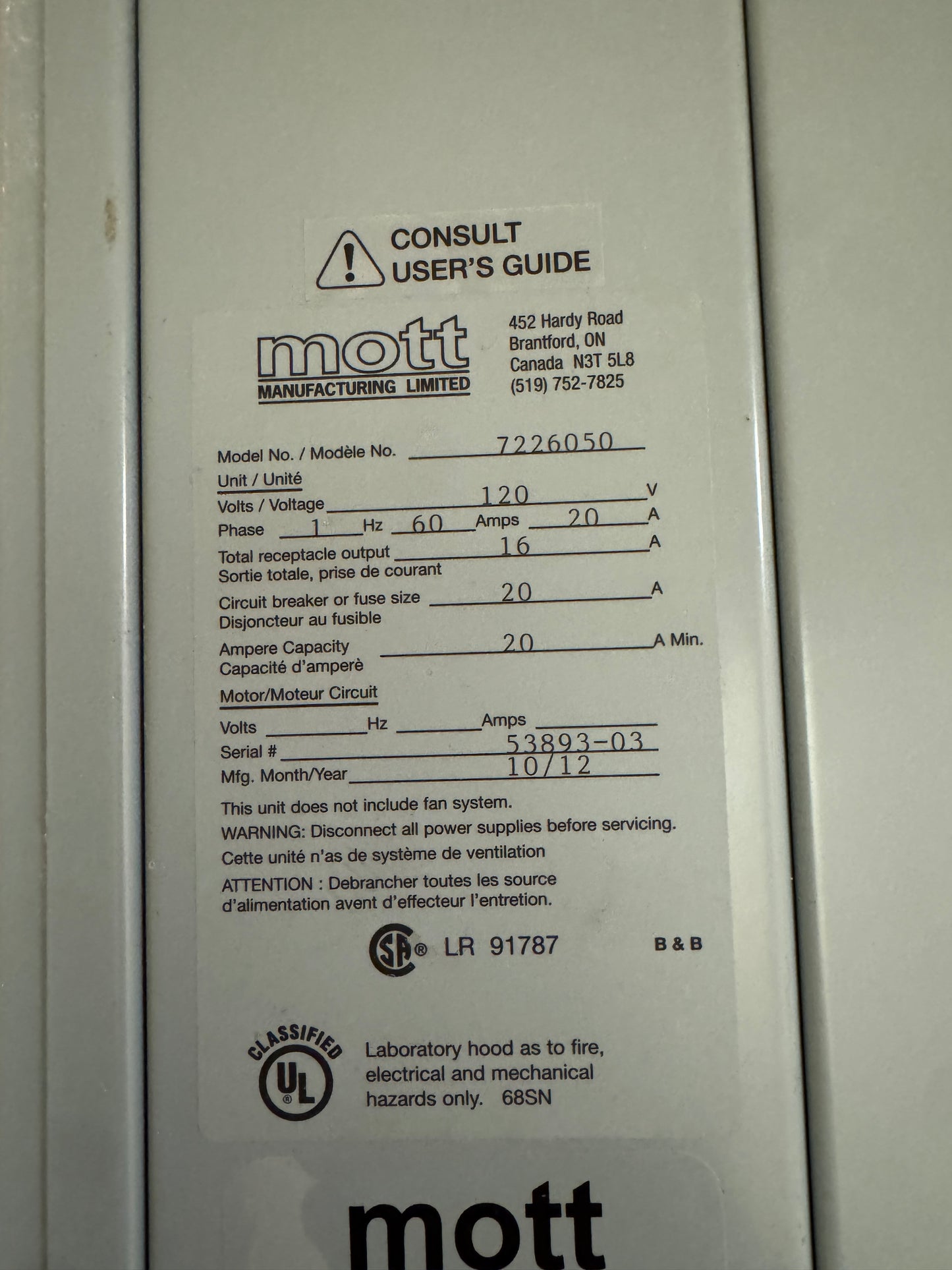 Mott 4' 120V 1PH Fume Hood 7226050 W/Base Laboratory Chemical Use (SKU: 112369)