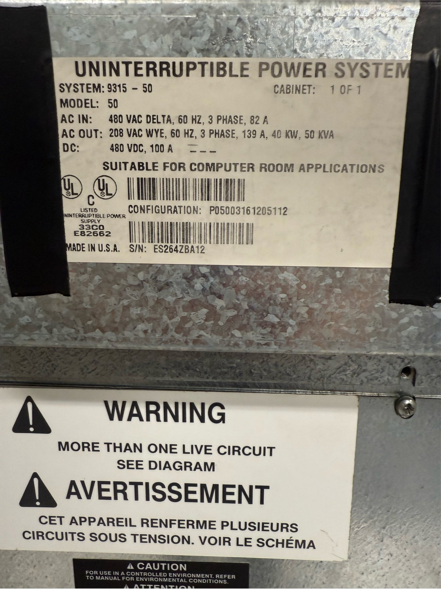 Powerware UPS System 9315-50 480V 60hz 3ph 82A 50KVA