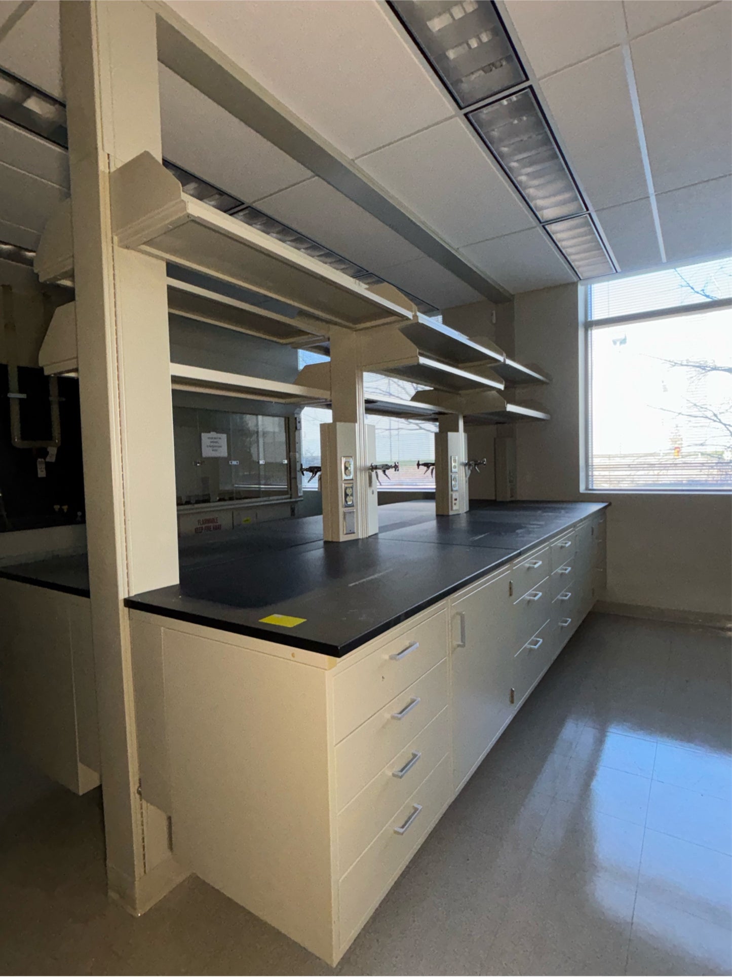 12’ 2 Sided Hamilton Metal Casework Island Work-center w/ Overhead Shelves  (112880)