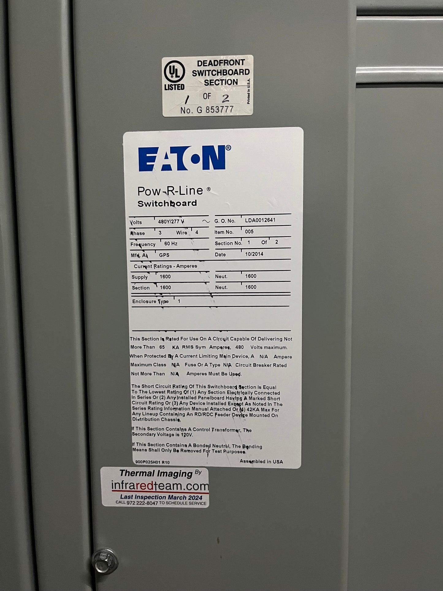 Eaton Pow-R-Line 1600 Amp 2 Section Switchboard 480V 3PH RGH Main NGH HMDL Breakers