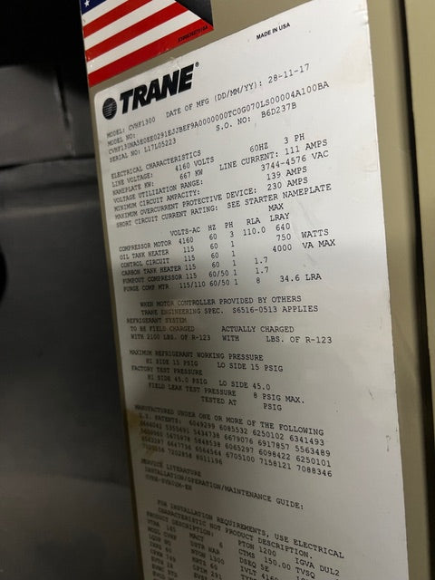 1200 Ton Trane Water Chillers CVHF1300 ’17 Good Working 15K/20K Hrs AUG Removal