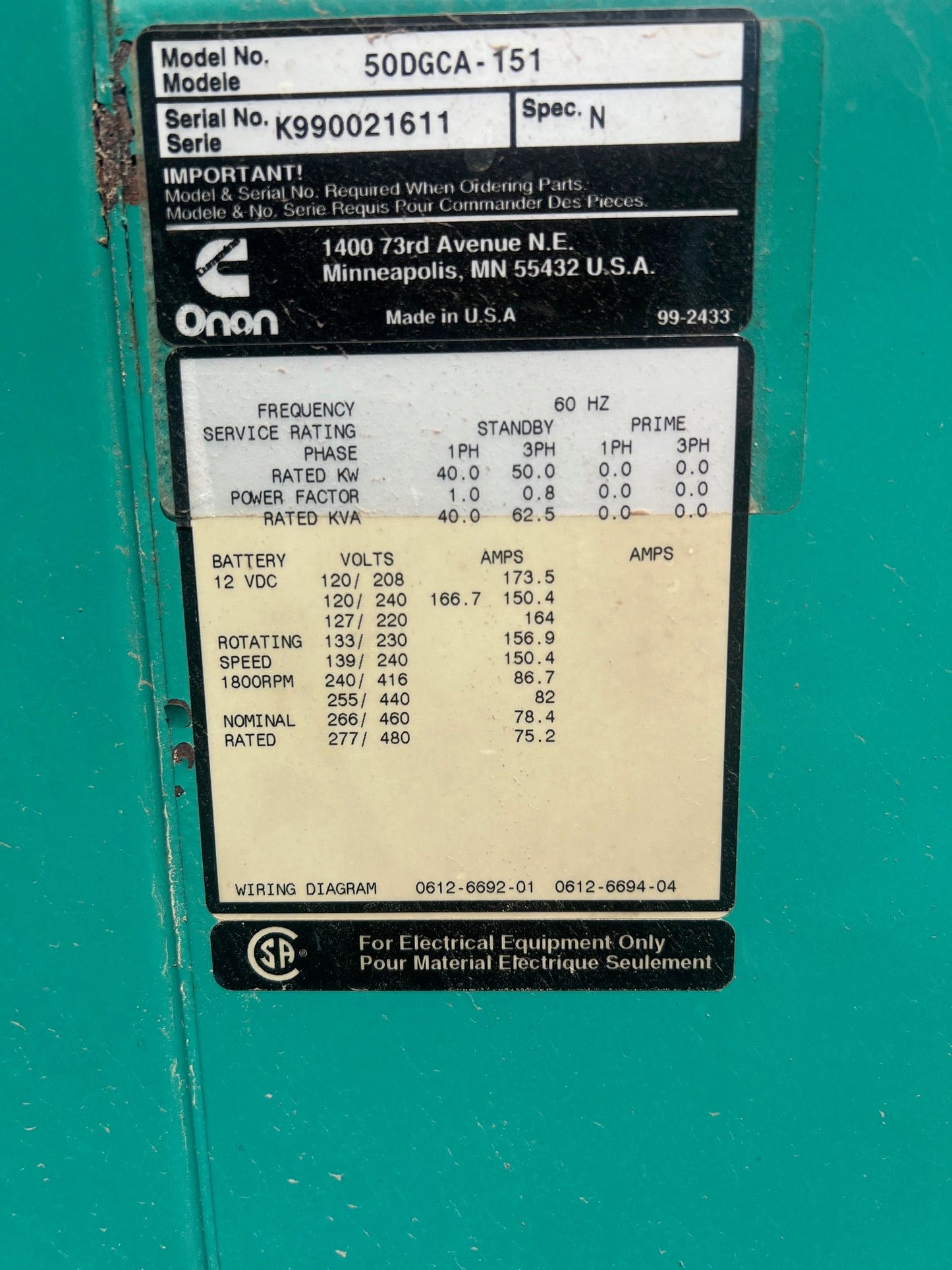 50KW Onan 4BT Cummins Diesel Generator '99 1126hrs Tested
