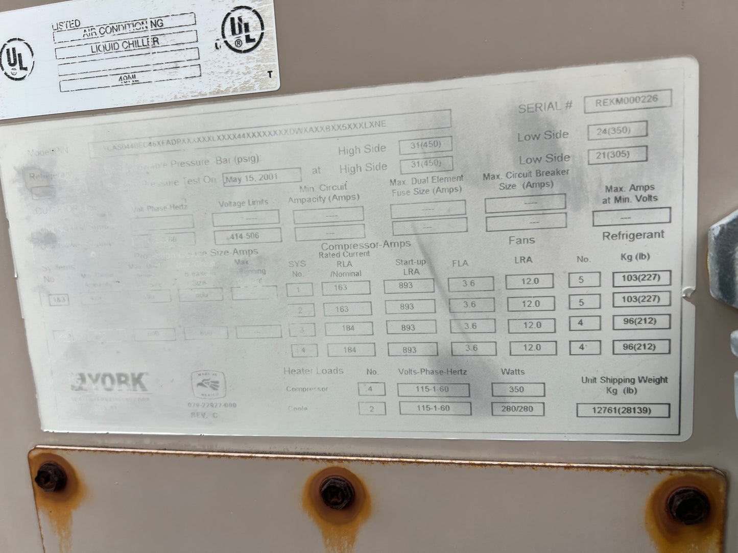 York YCASD440 440 Ton Air Cooled Chiller AS-IS 460v R22 '01 CTX2