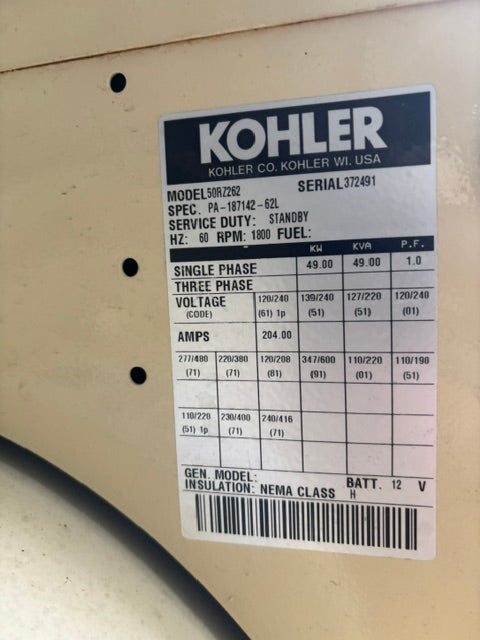 Kohler Ford 50RZ 50kW Standby Generator 49kW Nat Gas LP 1/3ph on Trailer 151hrs