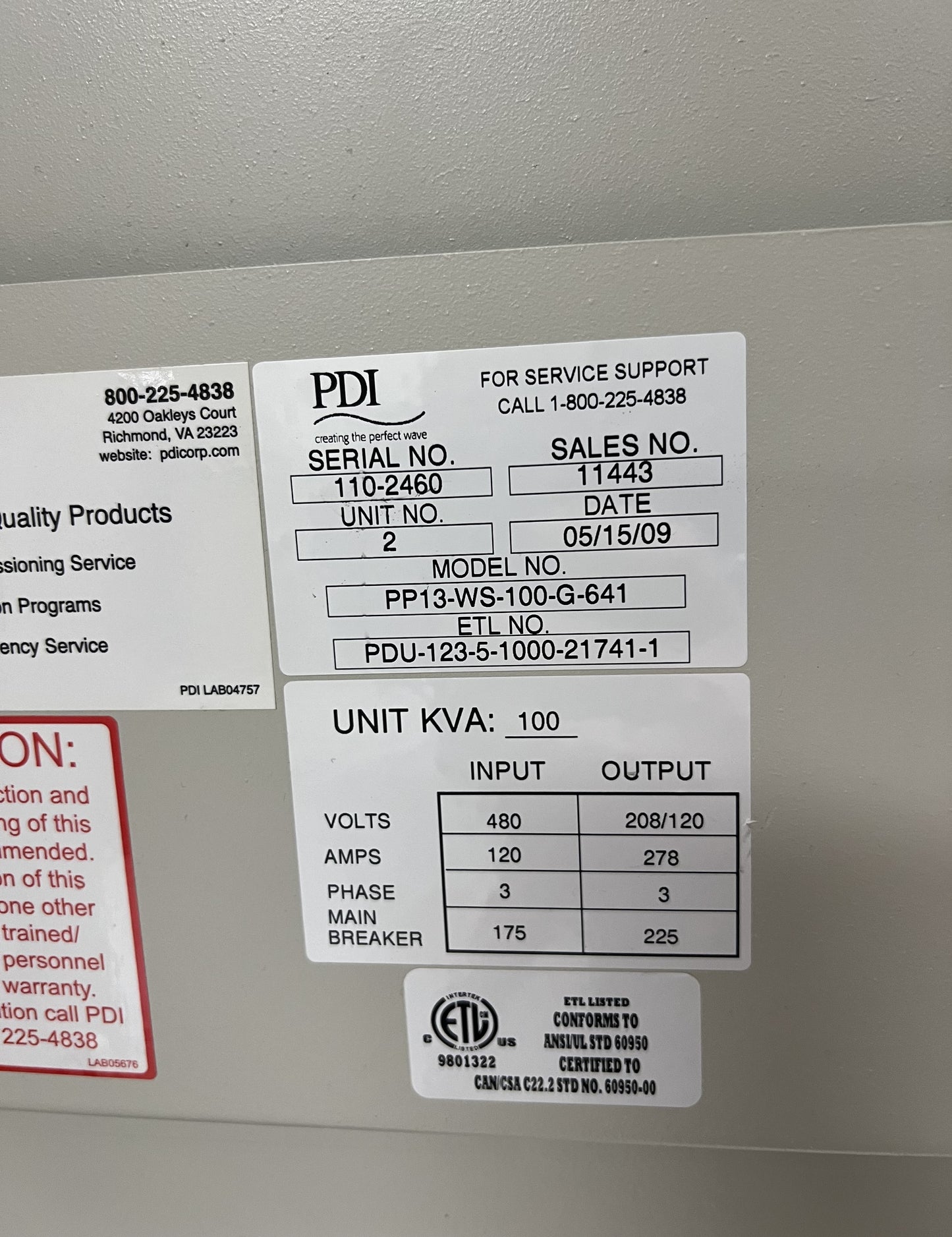 100KVA PDI Wavestar PDU 480v x 208/120v w/Branch Circuit Monitoring (101431)(101431)