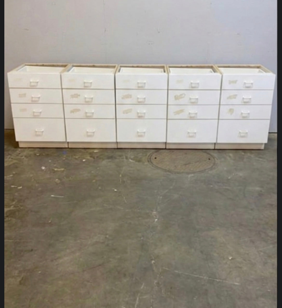 11-Pcs White Wood Lab Casework Suite - 3x 48" Bases 7x 24" Drawer Stacks & 1x 18" Slim